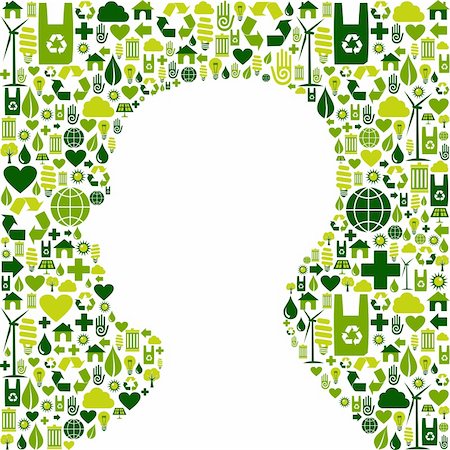 eco friendly home - Human head silhouette made with green icons set background. Vector file available. Foto de stock - Super Valor sin royalties y Suscripción, Código: 400-06355858