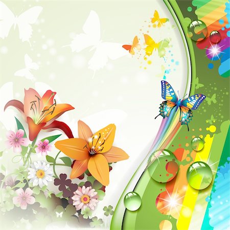 simsearch:400-06355861,k - Background with lilies and butterflies Photographie de stock - Aubaine LD & Abonnement, Code: 400-06355867