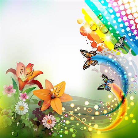 simsearch:400-06355861,k - Background with lilies and butterflies Photographie de stock - Aubaine LD & Abonnement, Code: 400-06355885