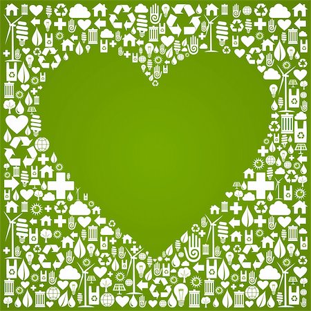 eco friendly home - Heart shape in green icons set background. Vector file available. Photographie de stock - Aubaine LD & Abonnement, Code: 400-06355907