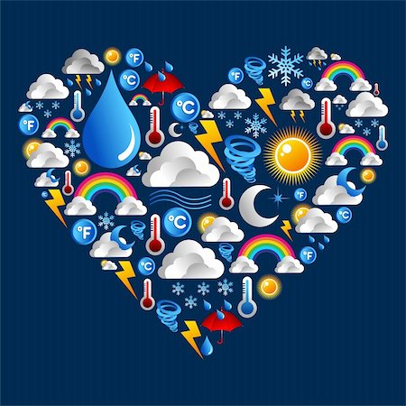 sun rain wind cloudy - Weather Icons set in love heart shape over blue background. Vector file layered for easy manipulation and custom coloring. Stock Photo - Budget Royalty-Free & Subscription, Code: 400-06355995