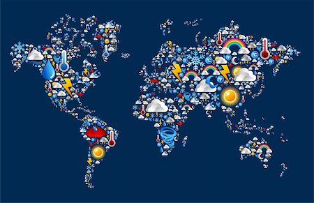 simsearch:400-04088772,k - Set Weather icons in Earth world map over blue background. Vector file layered for easy manipulation and custom coloring. Stock Photo - Budget Royalty-Free & Subscription, Code: 400-06355998