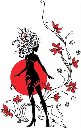 simsearch:400-06455036,k - Graphic silhouette of a woman on floral background with cat Stock Photo - Budget Royalty-Free & Subscription, Code: 400-06356051