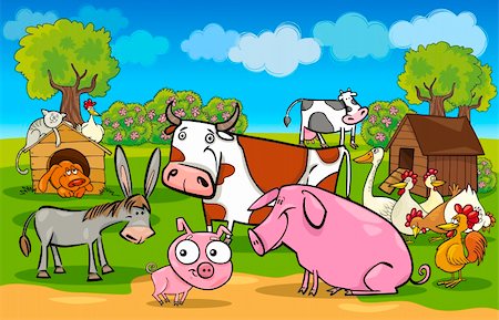 simsearch:400-07046870,k - cartoon illustration of rural scene with cute farm animals group Stock Photo - Budget Royalty-Free & Subscription, Code: 400-06356153