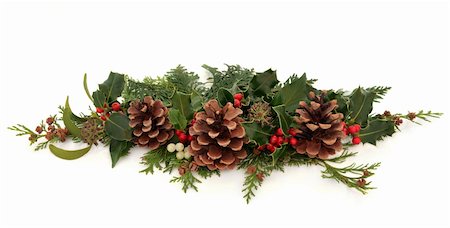 simsearch:400-06356099,k - Christmas decorative winter floral arrangement of natural holly with red berry clusters, mistletoe, ivy and cedar leaf sprigs with pine cones over white background. Stock Photo - Budget Royalty-Free & Subscription, Code: 400-06356315