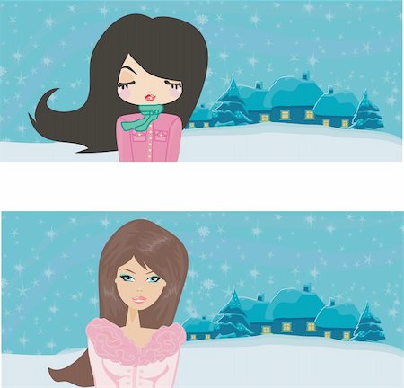 winter girls on winter landscape Stockbilder - Microstock & Abonnement, Bildnummer: 400-06356410