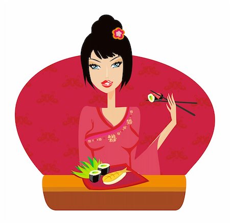 beautiful Asian girl enjoy sushi - menu template Stockbilder - Microstock & Abonnement, Bildnummer: 400-06356413