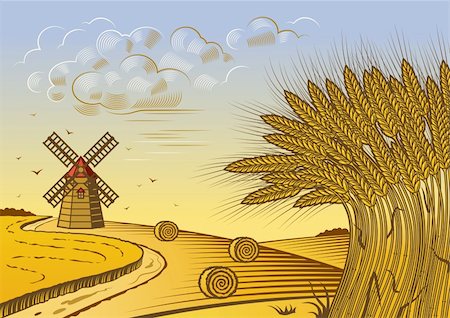 Retro wheat fields landscape in woodcut style. Vector illustration with clipping mask. Stock Photo - Budget Royalty-Free & Subscription, Code: 400-06356669