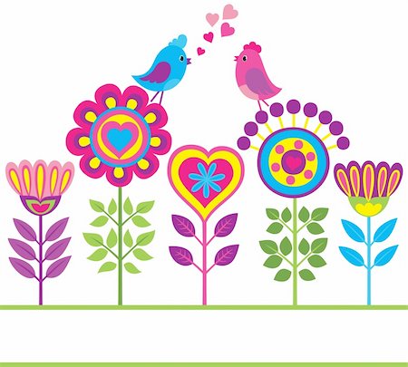 decorative flowers and birds for greetings card - Decorative colorful funny vector background with flowers and birds Photographie de stock - Aubaine LD & Abonnement, Code: 400-06357288