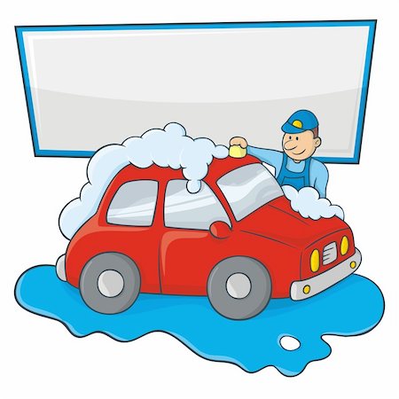 Cartoon of a man in blue form hand washing a red car with copy space for your message. Stock Photo - Budget Royalty-Free & Subscription, Code: 400-06357362