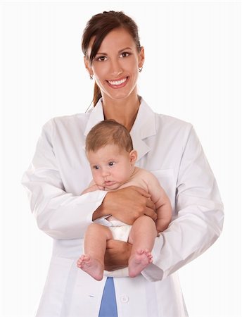 simsearch:400-08935984,k - female doctor holding a baby on white isolated background Stock Photo - Budget Royalty-Free & Subscription, Code: 400-06357372