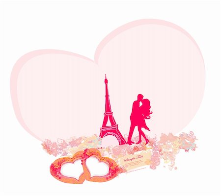 Romantic couple in Paris kissing near the Eiffel Tower. Retro card. Stockbilder - Microstock & Abonnement, Bildnummer: 400-06357987