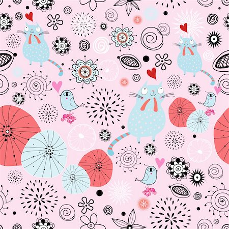 simsearch:400-06524884,k - Seamless floral pattern with cats and birds on a pink background Foto de stock - Super Valor sin royalties y Suscripción, Código: 400-06358330