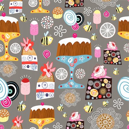 dessert vector - seamless pattern of bright cakes on a brown background with flowers Stock Photo - Budget Royalty-Free & Subscription, Code: 400-06358542