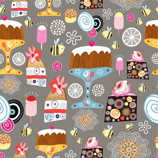 seamless pattern of bright cakes on a brown background with flowers Stock Photo - Royalty-Free, Artist: tanor, Image code: 400-06358542