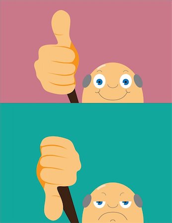 Cartoonish character showing happily thumbs up and angrily thumbs down. No transparency or gradients. Ai, eps 8, jpeg. Zipped. Photographie de stock - Aubaine LD & Abonnement, Code: 400-06358698