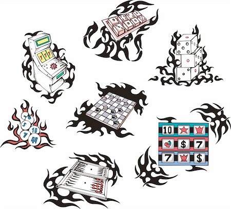 Gambling tattoos with flames. Set of color vector illustrations. Foto de stock - Super Valor sin royalties y Suscripción, Código: 400-06359035