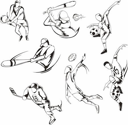 Team sports. Set of black and white vector illustrations. Stock Photo - Budget Royalty-Free & Subscription, Code: 400-06359030