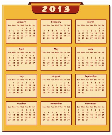 Calendar 2013 full year. January through to December months. Photographie de stock - Aubaine LD & Abonnement, Code: 400-06365068