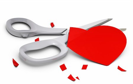 red heart cutted in small parts and grey scissors over white background, symbol of boredom in relationship Stock Photo - Budget Royalty-Free & Subscription, Code: 400-06365804