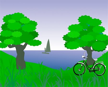 seascape drawing - Landscape picture where a man is     windsurfing and a bicycle is parked     by a tree. Stock Photo - Budget Royalty-Free & Subscription, Code: 400-06366164