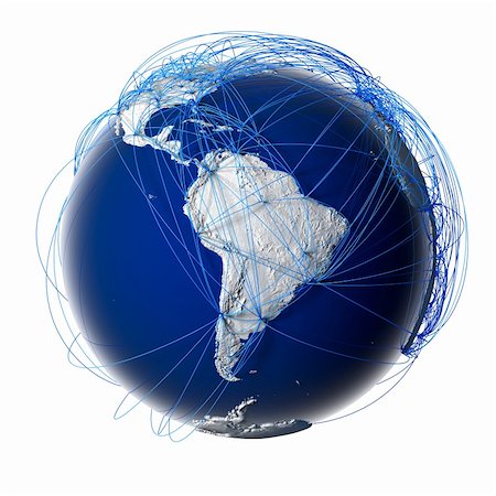 Earth with relief stylized continents surrounded by a wired network, symbolizing the world aviation traffic, which is based on real data on the carriage of passengers and flight directions. Isolated on white Stock Photo - Budget Royalty-Free & Subscription, Code: 400-06366376
