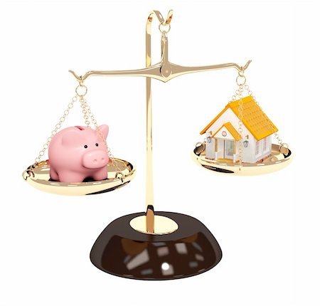 debt scales - Piggy bank and house on bowls of scales. Isolated over white Stock Photo - Budget Royalty-Free & Subscription, Code: 400-06366500