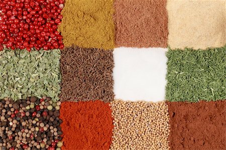 Colorful spices like pepper, paprika, curry and caraway forming a background Stock Photo - Budget Royalty-Free & Subscription, Code: 400-06367043