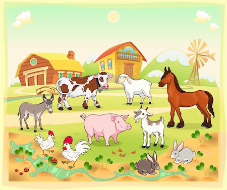 farm and cow illustration - Farm animals with background. Vector and cartoon illustration. Stock Photo - Budget Royalty-Free & Subscription, Code: 400-06367210