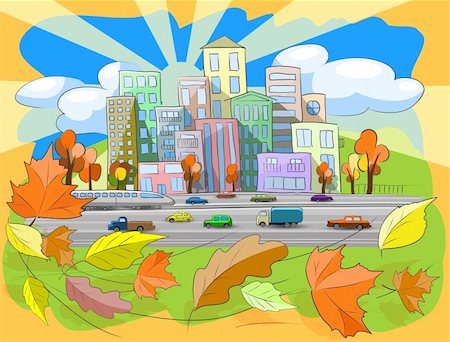 illustration city street in autumn leaf fall Stock Photo - Budget Royalty-Free & Subscription, Code: 400-06367235