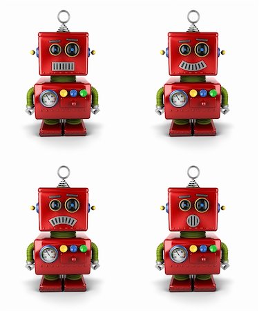 simsearch:400-07301158,k - Little vintage toy robot with four different facial expressions over white background Fotografie stock - Microstock e Abbonamento, Codice: 400-06367250