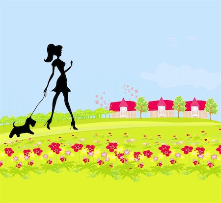 Pretty girl walking the dog on rural landscape Stockbilder - Microstock & Abonnement, Bildnummer: 400-06360232