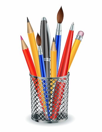 Brushes, pencils and pens in the holder. Vector illustration Stock Photo - Budget Royalty-Free & Subscription, Code: 400-06360263