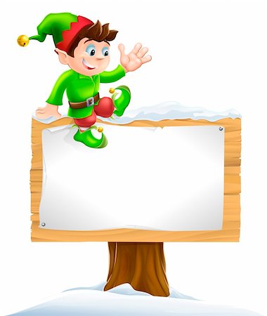 A cute Christmas elf on sitting on a snowy sign and waving Stock Photo - Budget Royalty-Free & Subscription, Code: 400-06360510