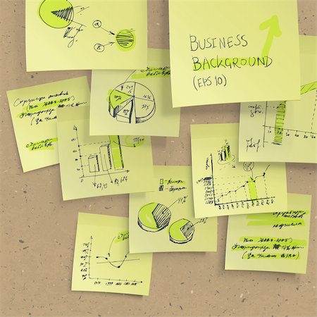 Yellow sticky notes with business infographics on cork board, closeup. All elements editable (available under clipping mask). Vector, EPS10 Stock Photo - Budget Royalty-Free & Subscription, Code: 400-06360649
