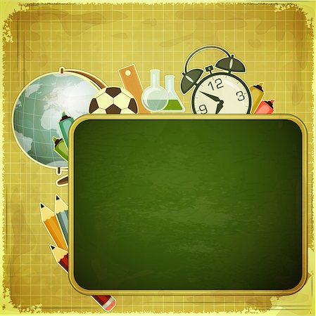 Retro back to school Design - School Board and School Supplies on vintage background - vector illustration Stock Photo - Budget Royalty-Free & Subscription, Code: 400-06360719