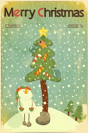 Christmas card - snowman and Christmas tree - postcard in retro style - vector illustration Fotografie stock - Microstock e Abbonamento, Codice: 400-06360727