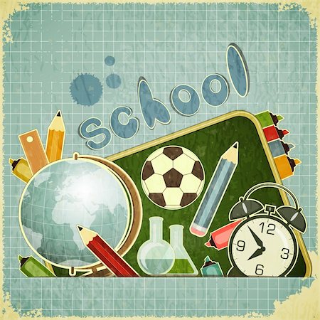 Retro card -  back to school Design - School Board and School Supplies on blue vintage  background - vector illustration Stock Photo - Budget Royalty-Free & Subscription, Code: 400-06360720