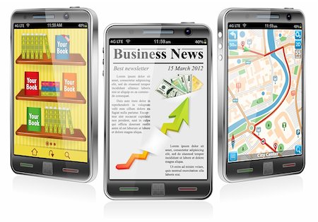 Collect Smartphones with Applications - Business Newsletter, Books, GPS Navigation Foto de stock - Super Valor sin royalties y Suscripción, Código: 400-06360808