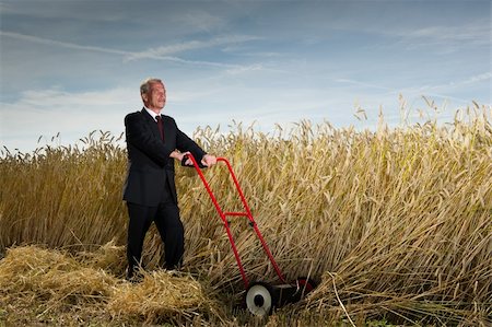 Senior executive businessman pausing during the challenge of harvesting a field of ripe wheat with a hand lawnmower as he visualises the rewards to be gained at the completion of his task Stock Photo - Budget Royalty-Free & Subscription, Code: 400-06360995