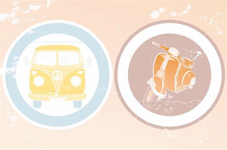 Labels with retro van and retro scooter in vintage design - hand drawn illustration Stock Photo - Budget Royalty-Free & Subscription, Code: 400-06361438