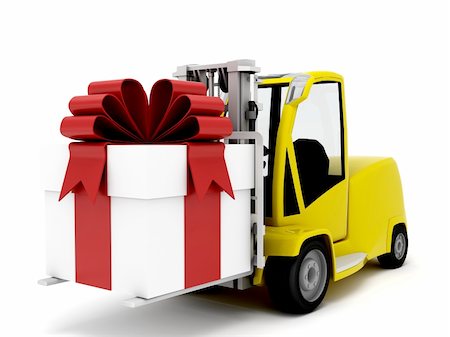yellow truck transporting a large gift with red bow Foto de stock - Royalty-Free Super Valor e Assinatura, Número: 400-06361541