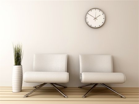 Waiting room with two leather chairs metal clock and a vase with a plant Stock Photo - Budget Royalty-Free & Subscription, Code: 400-06361542