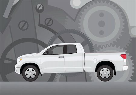 Pick-up truck with background of cogwheels. Vehicle and background on separate layers, no transparencies. Stockbilder - Microstock & Abonnement, Bildnummer: 400-06361557