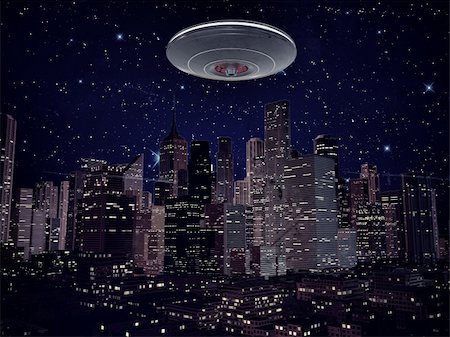 extraterrestre - ufo metal spaceship over the city by night Photographie de stock - Aubaine LD & Abonnement, Code: 400-06362157