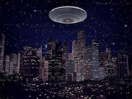 ufo metal spaceship over the city by night Foto de stock - Super Valor sin royalties y Suscripción, Código: 400-06362157