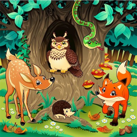 Animals in the wood. Cartoon and vector illustration. Stock Photo - Budget Royalty-Free & Subscription, Code: 400-06362643