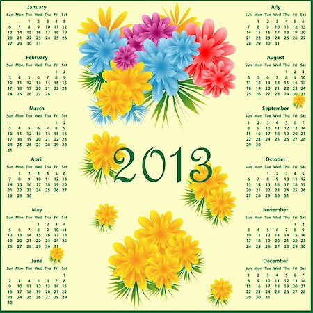 Calendar 2013 year decorated with colorful flowers. Photographie de stock - Aubaine LD & Abonnement, Code: 400-06363226