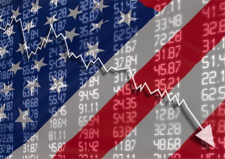 simsearch:400-04595089,k - Crisis in USA - Shares Fall Graph on United States of America Flag Photographie de stock - Aubaine LD & Abonnement, Code: 400-06363800