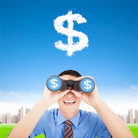 happy businessman holding binoculars and watching the money cloud Stock Photo - Budget Royalty-Free & Subscription, Code: 400-06363890